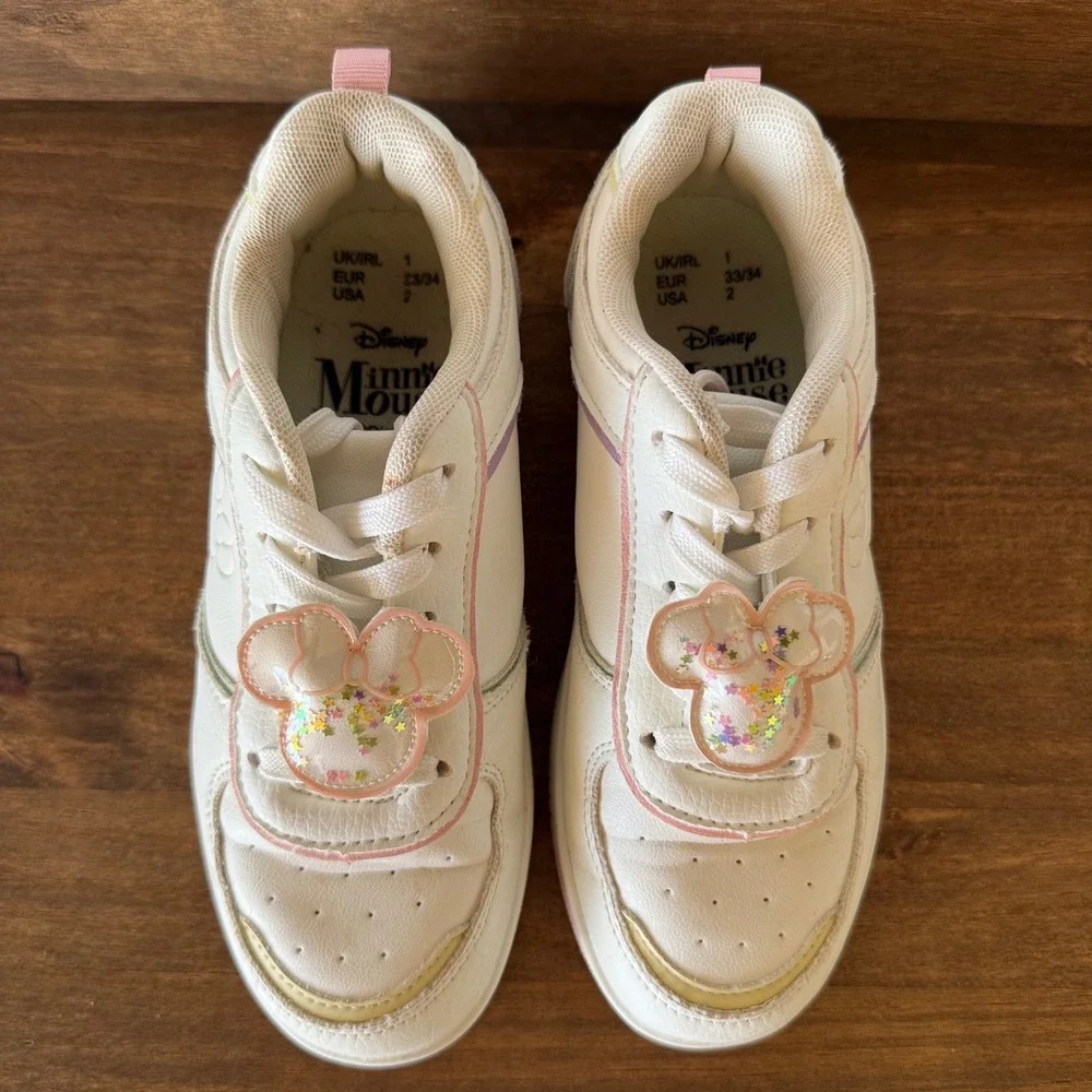 Disney Minnie Mouse White Pink Girls Sneakers Glitter Bow Shaker Size 2